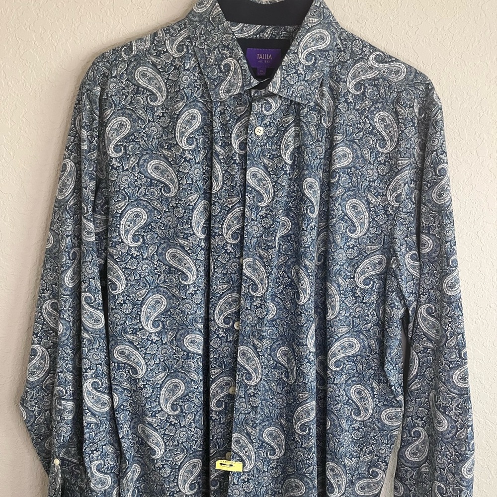Tallia 1893.  Men’s long sleeve, button-down shirt, blue-white paisley design.